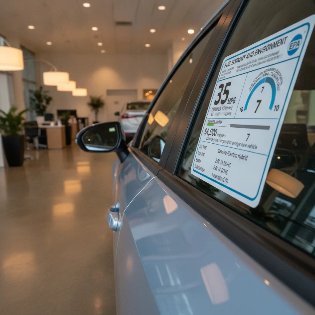 EPA fuel economy window sticker displayed on a new car at a dealership showroom
