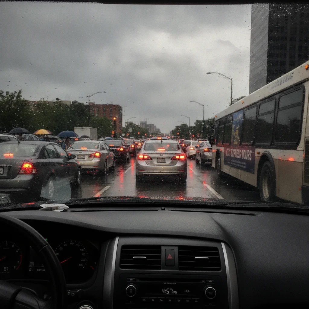 Heavy stop-and-go urban traffic viewed through a car windshield on a city street