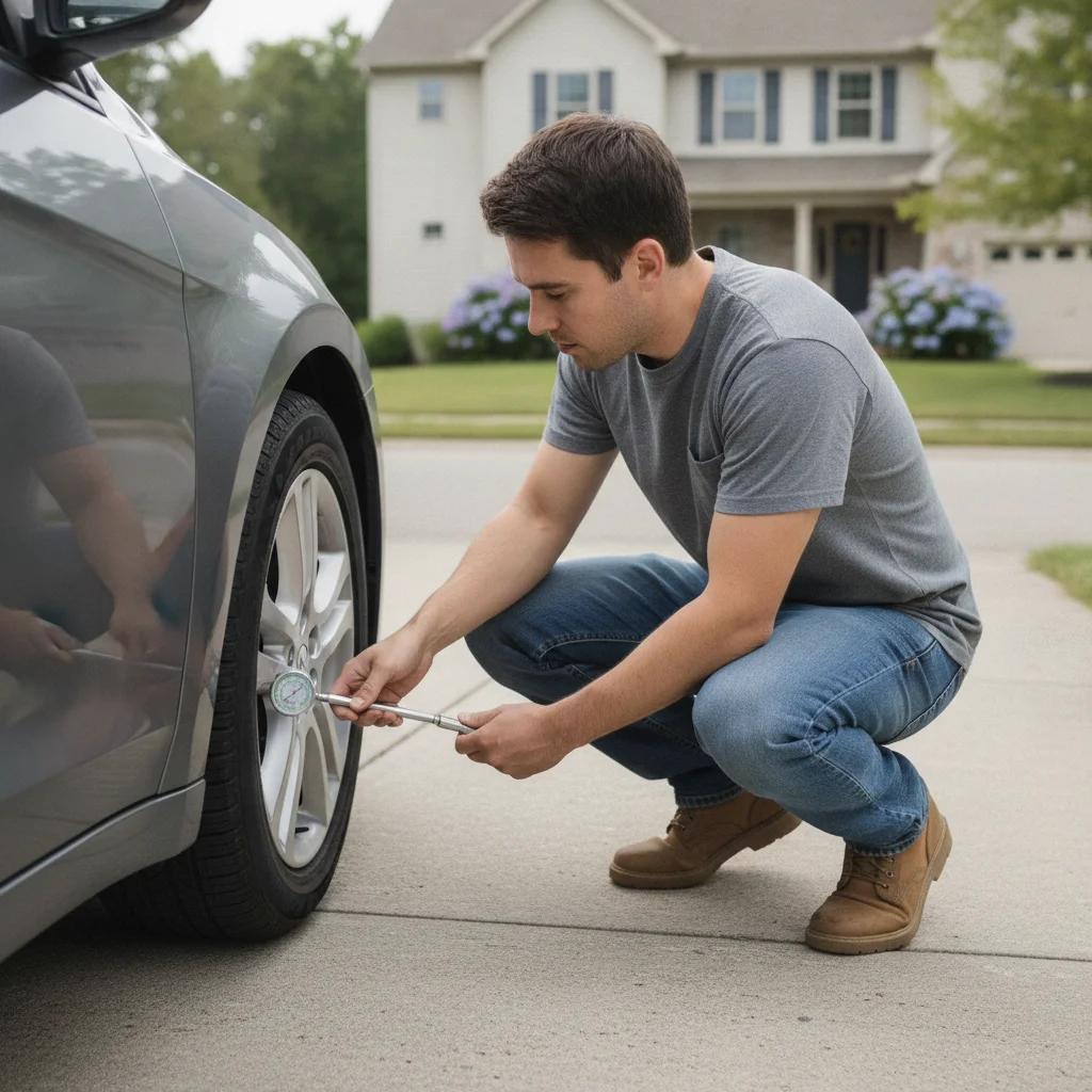 Person using a handheld tire pressure gauge to check car tire inflation in a driveway