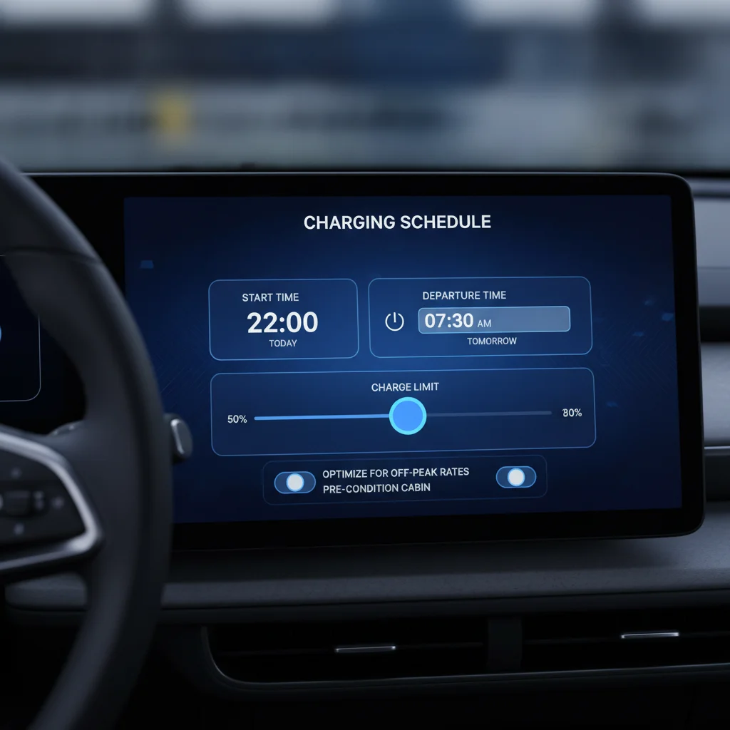 EV dashboard screen showing charging schedule with departure time and 80% charge limit settings