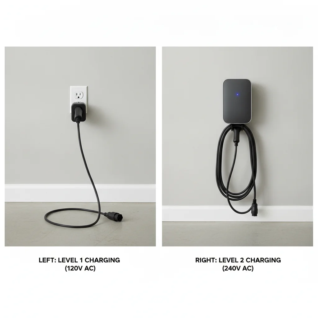 Side-by-side comparison of Level 1 standard outlet charging cable and Level 2 wall-mounted EVSE unit