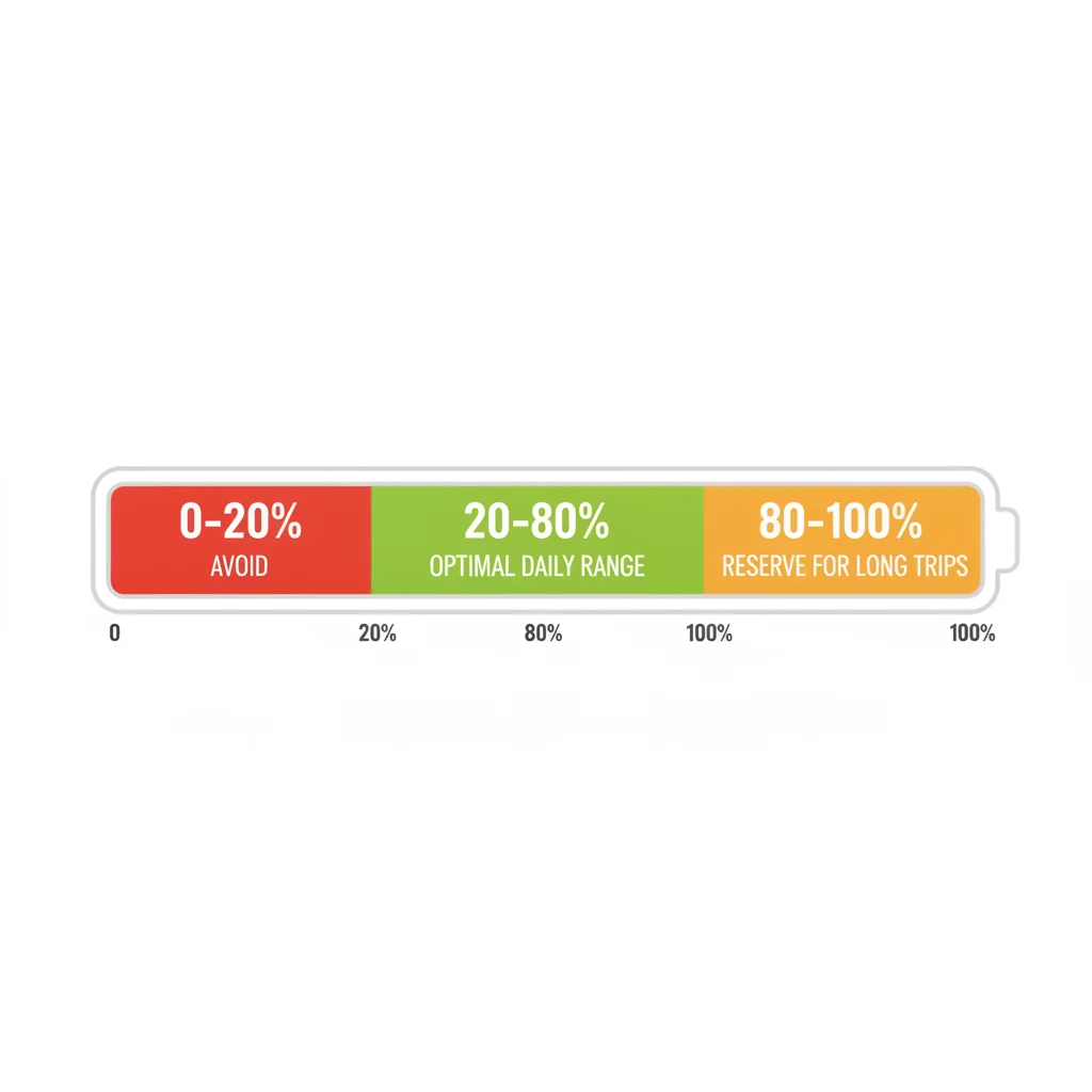 Diagram showing optimal daily battery charge range between 20% and 80% for EV longevity