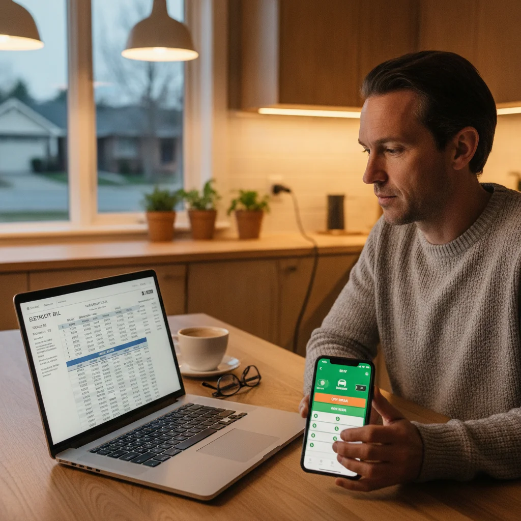 Person comparing electricity bill and EV charging app displaying time-of-use rate schedule at home