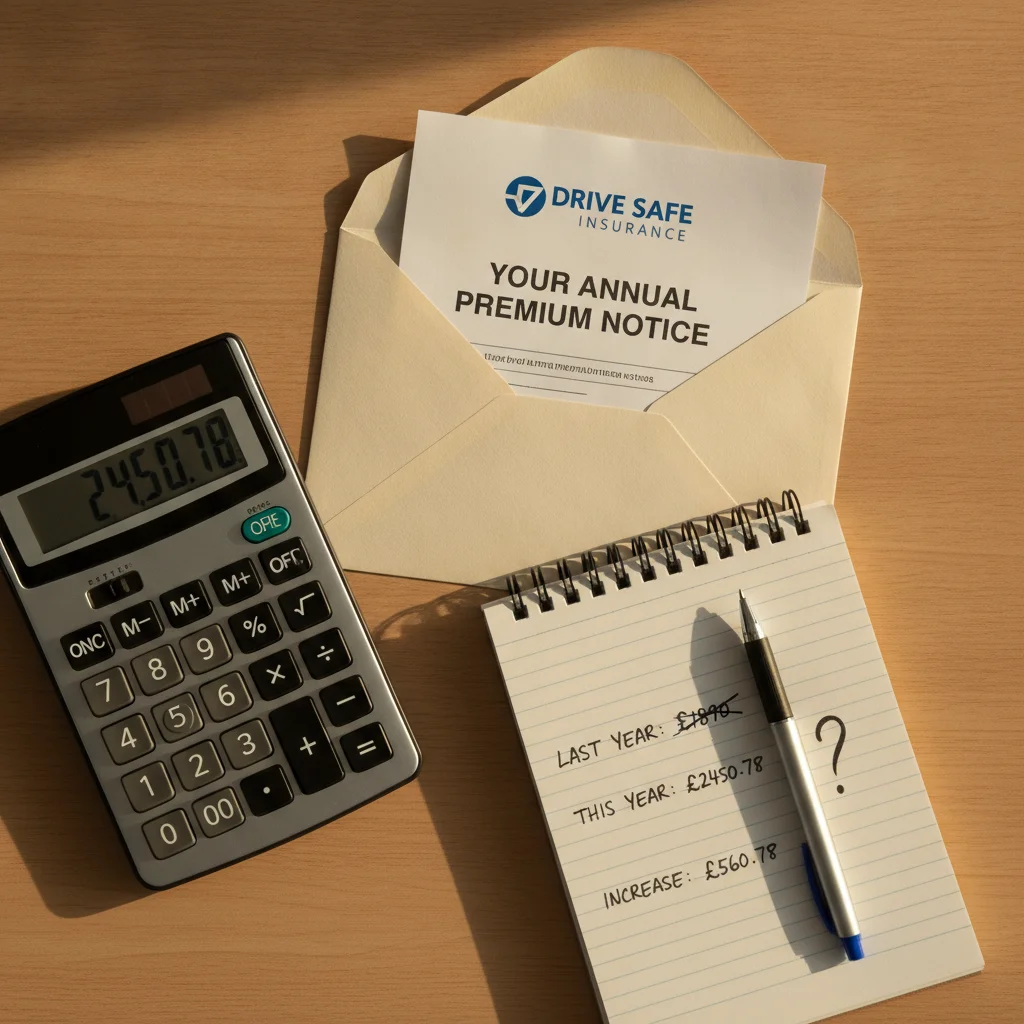 Opened insurance renewal envelope on a desk with a calculator and notes comparing old and new premium amounts