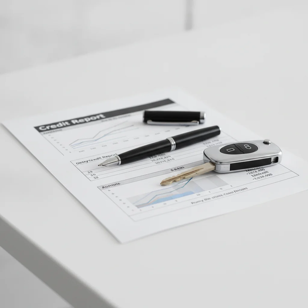 Credit report printout next to a car key on a white table suggesting the connection between credit and insurance rates