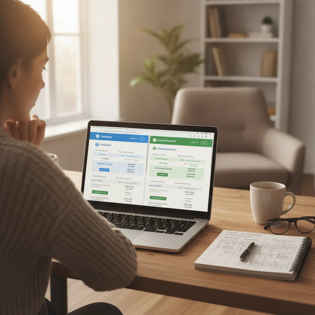 Person comparing car insurance quotes on a laptop with a notepad of figures nearby at a home desk
