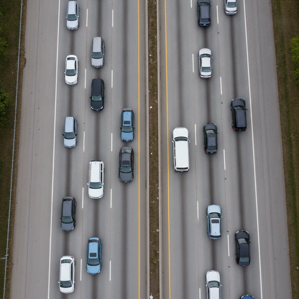 Aerial view of highway traffic showing one car following dangerously close compared to others maintaining safe gaps