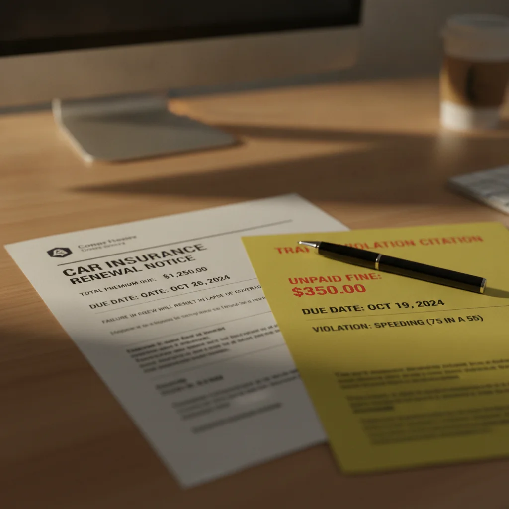 Insurance renewal document and traffic citation side by side on a desk illustrating the financial cost of a moving violation
