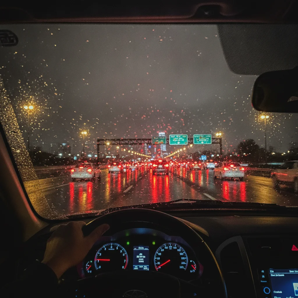 Driver's perspective of nighttime rainy highway with multiple sets of brake lights ahead, illustrating reduced visibility and stopping distance challenges