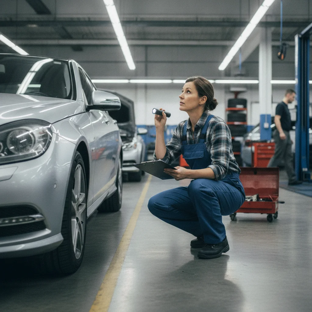 Dealership appraiser inspecting a trade-in vehicle in a service bay with a clipboard
