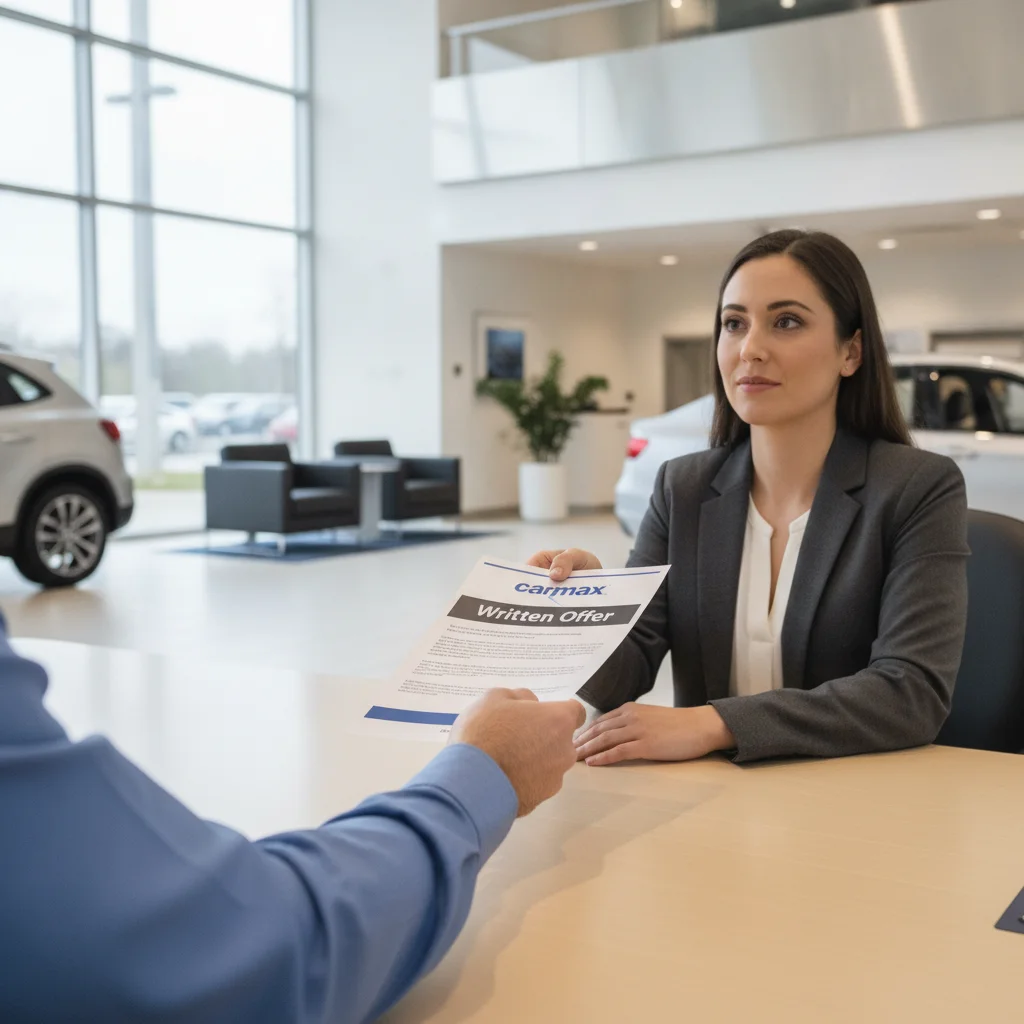 Car buyer presenting a competing written trade-in offer to a dealership salesperson