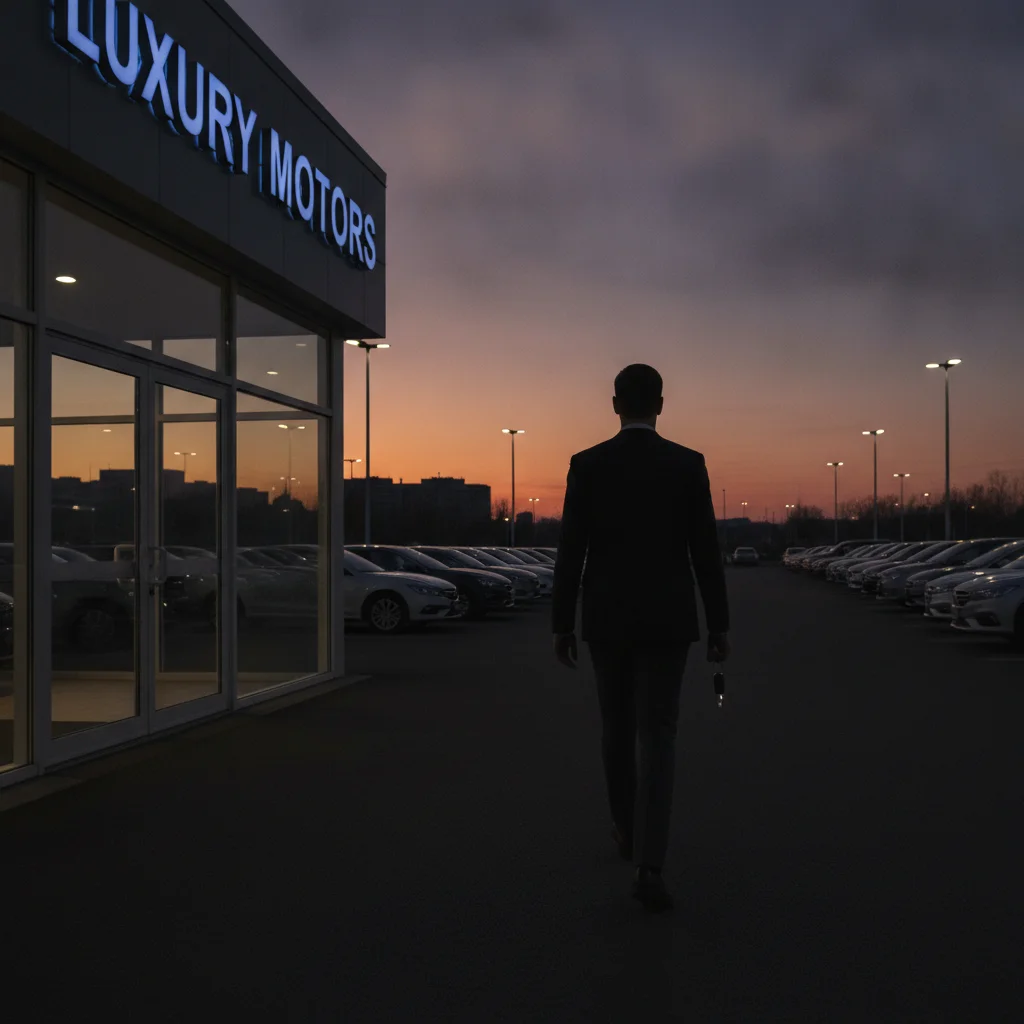 Car buyer walking away from a dealership after declining an unsatisfactory trade-in offer