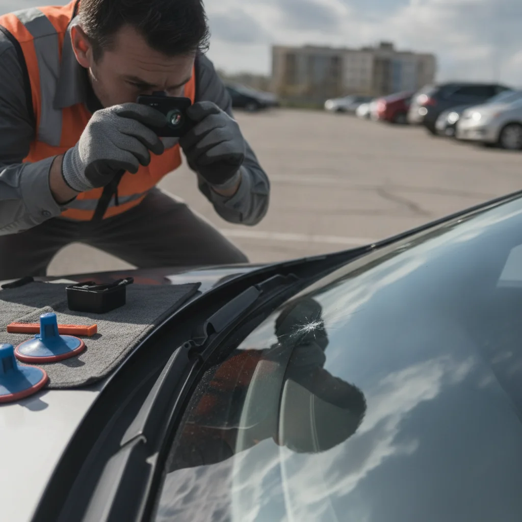 Auto glass technician in gloves examining a windshield chip with a magnifying loupe outdoors