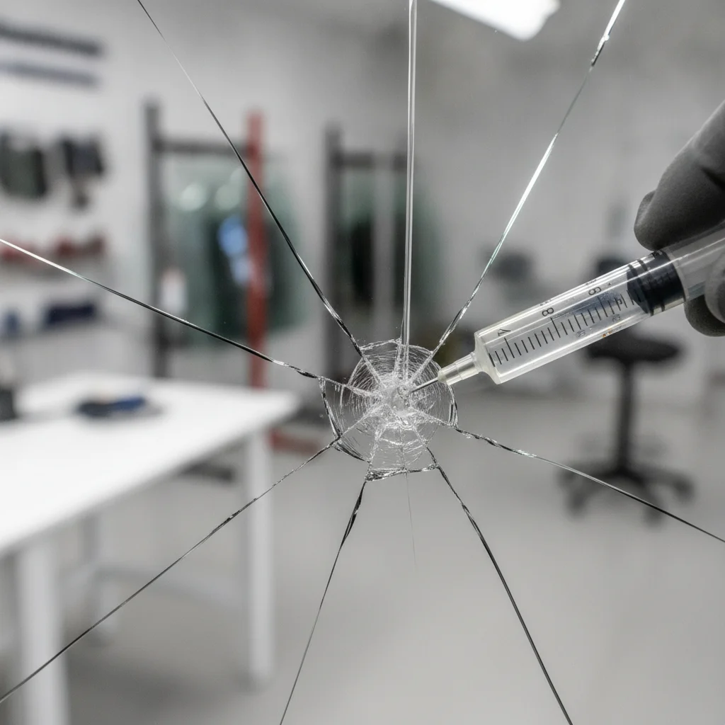Close-up of resin being injected into a windshield chip during professional auto glass repair