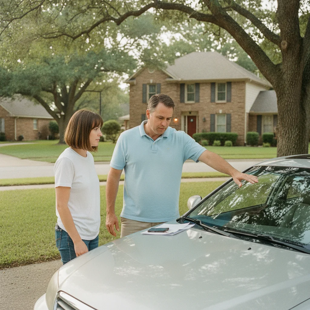 Car seller pointing out windshield damage to a potential buyer during an outdoor vehicle inspection