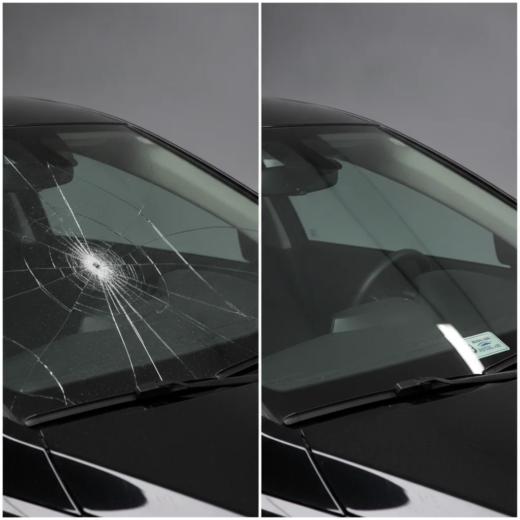 Side-by-side comparison of a cracked windshield and a newly replaced clear windshield
