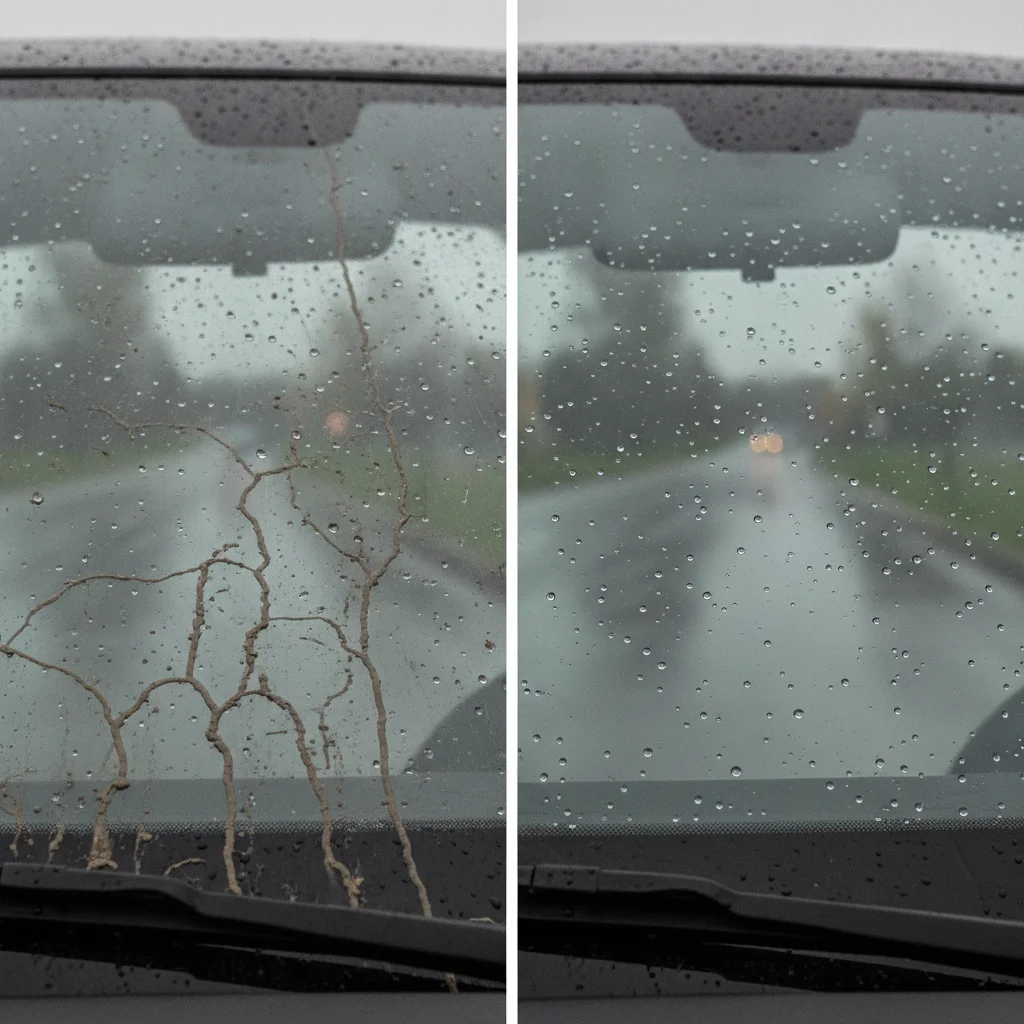 Side-by-side comparison of a streaked windshield versus a clean windshield after proper wiper installation