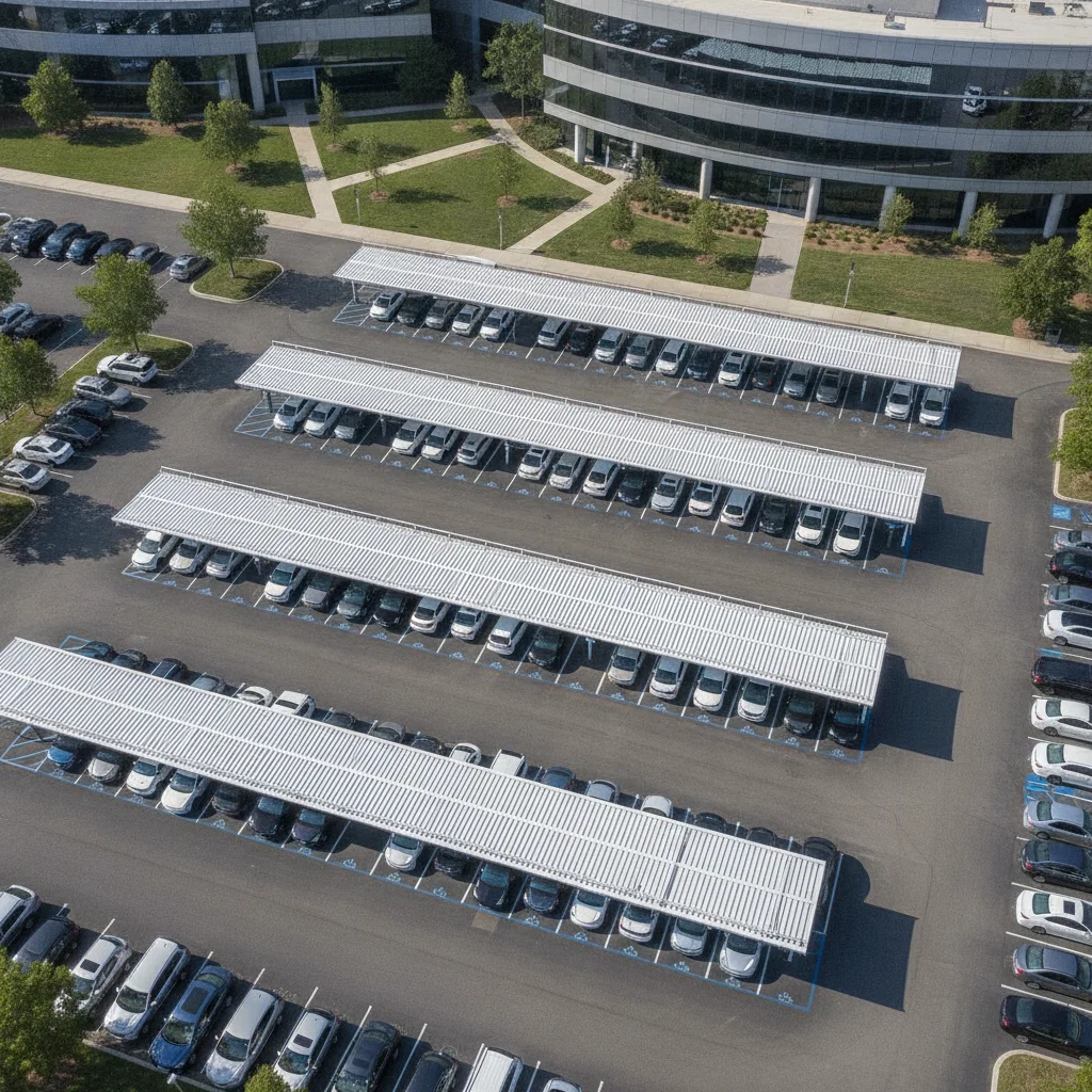 Aerial view of a corporate parking lot with multiple Level 2 EV charging stations under canopy covers