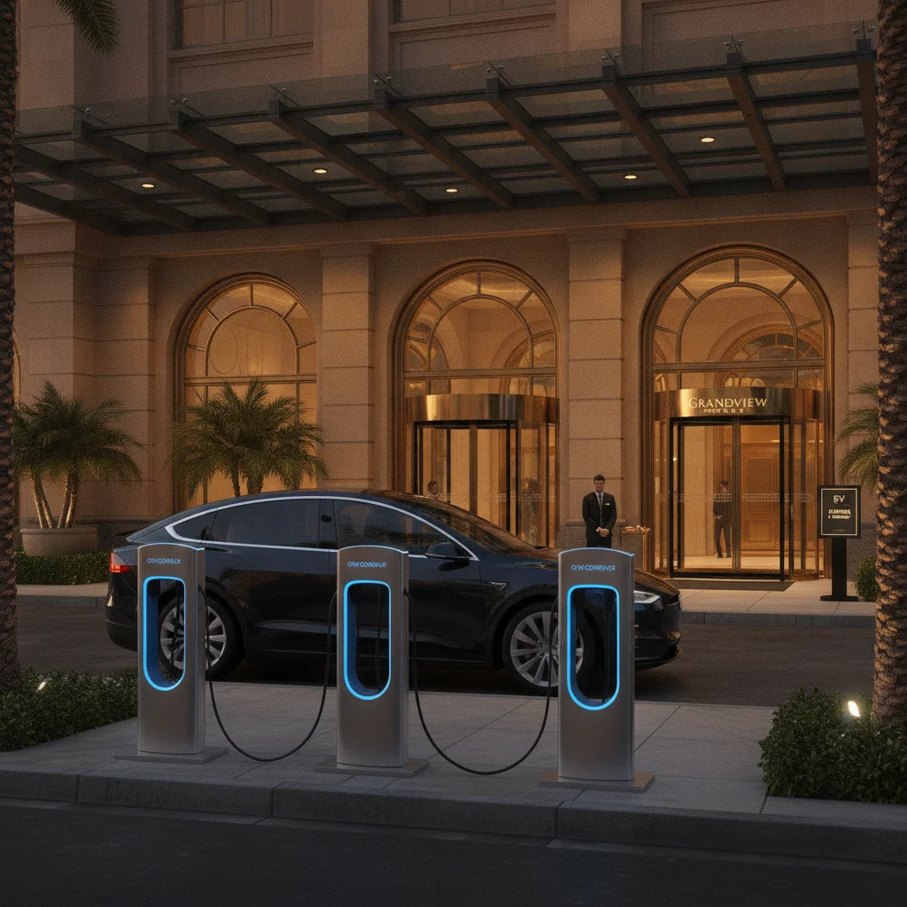 Hotel entrance with Level 2 destination EV chargers and a luxury electric SUV plugged in at dusk