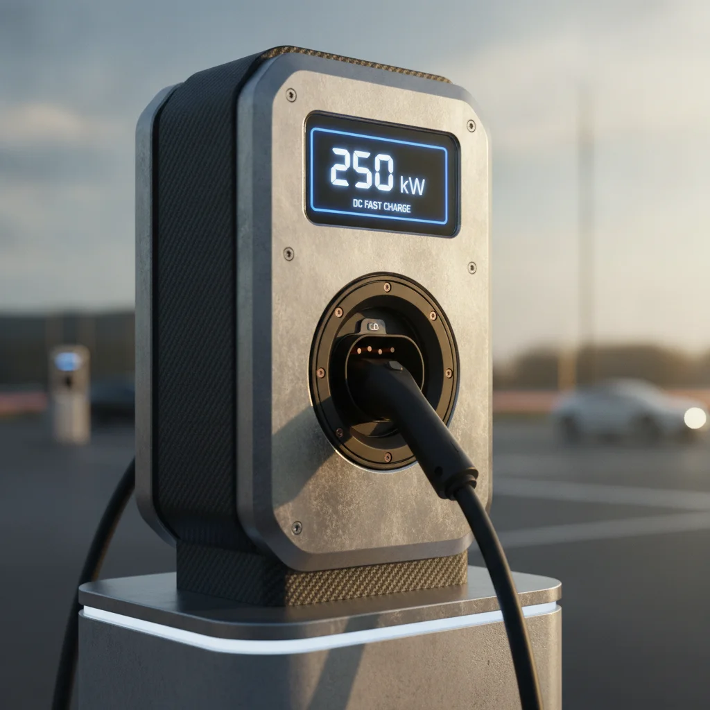Close-up of a DC fast charging pedestal screen displaying charging power output in kilowatts