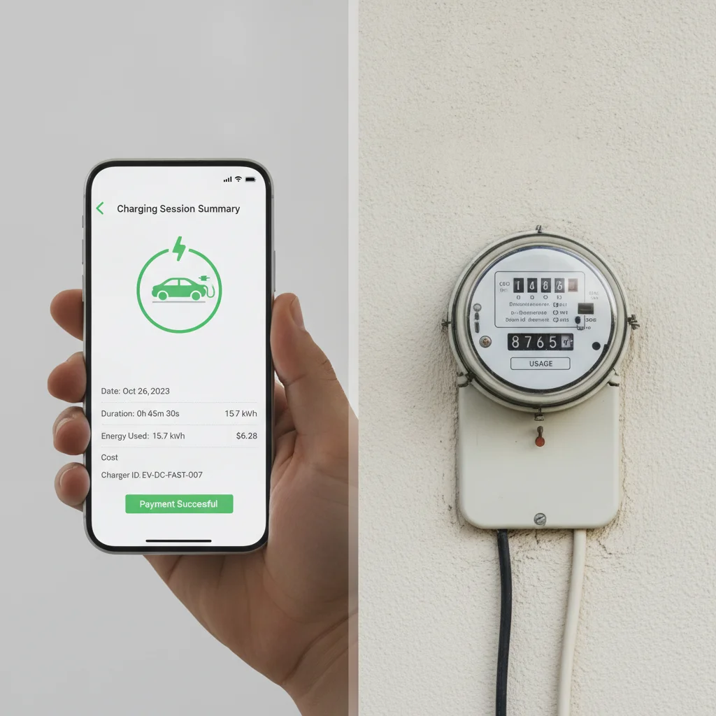 Smartphone displaying a public DC fast charging cost receipt next to a home electricity meter showing low usage cost