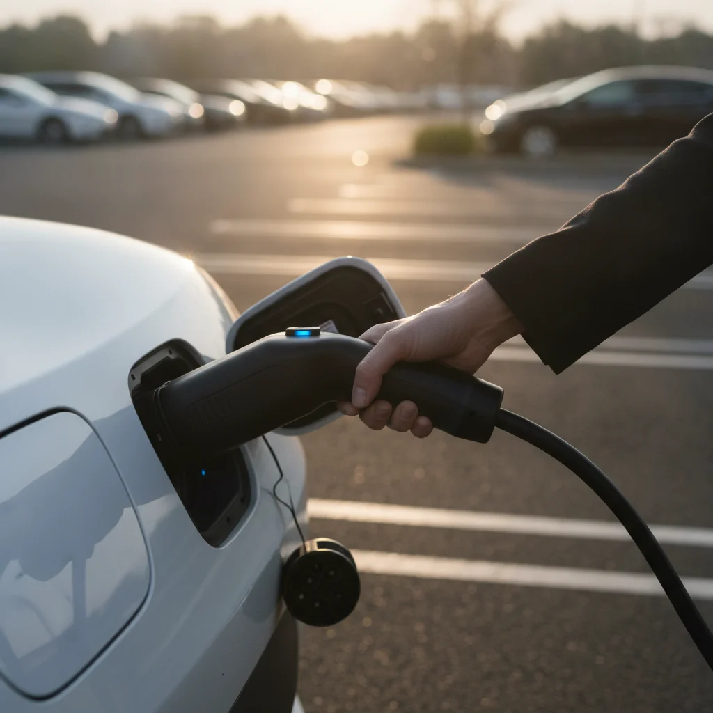 Hand connecting a Level 2 EV charging cable to an electric vehicle in a corporate parking lot