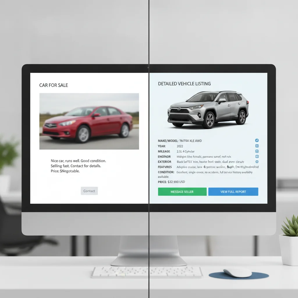 Side-by-side comparison of a vague car listing versus a detailed, well-written car listing on a screen