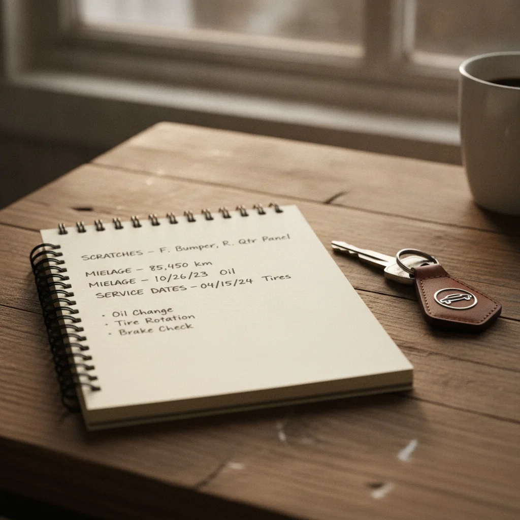 Handwritten car condition checklist with vehicle details and service notes beside a set of car keys