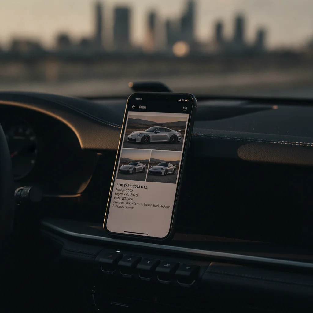 Smartphone showing a detailed private car sale listing with photos and structured description on a car dashboard