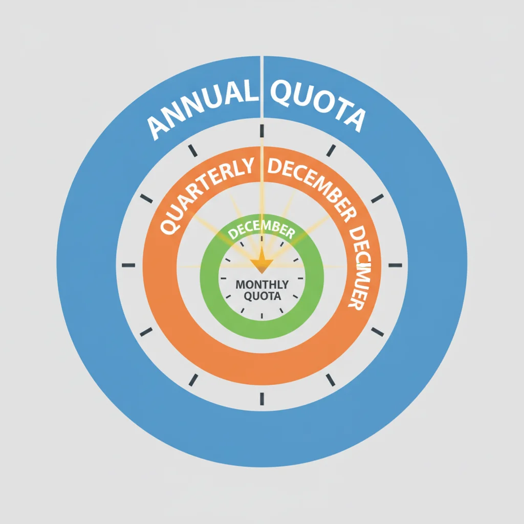 Diagram showing monthly, quarterly, and annual dealer sales quotas converging simultaneously in December