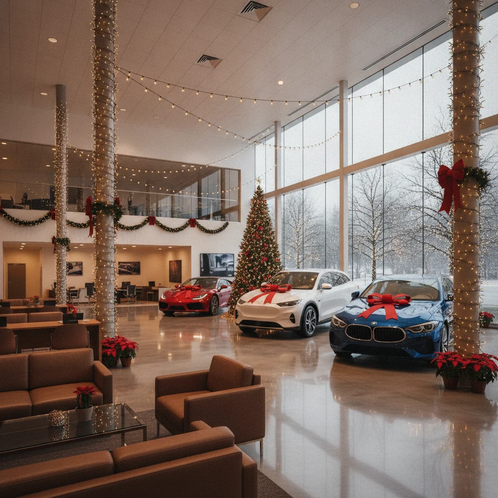 Car dealership showroom decorated for the holidays with new vehicles displayed under warm lighting