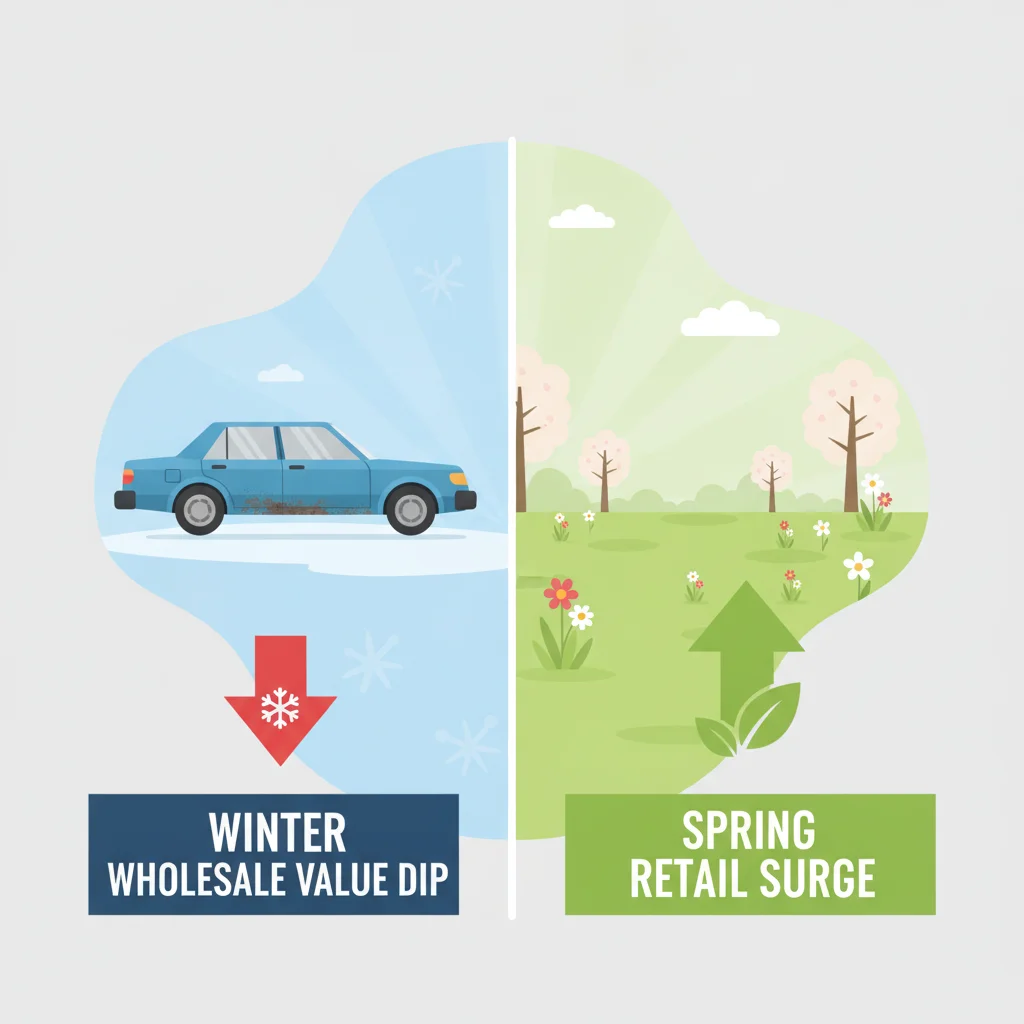 Illustration comparing used car trade-in values in winter versus spring with directional price arrows