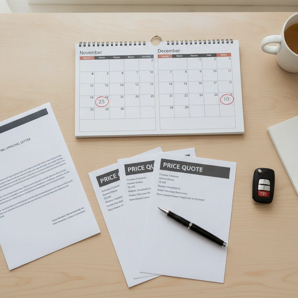 Car buyer's workspace with November and December calendar, pre-approval letter, and price quote documents
