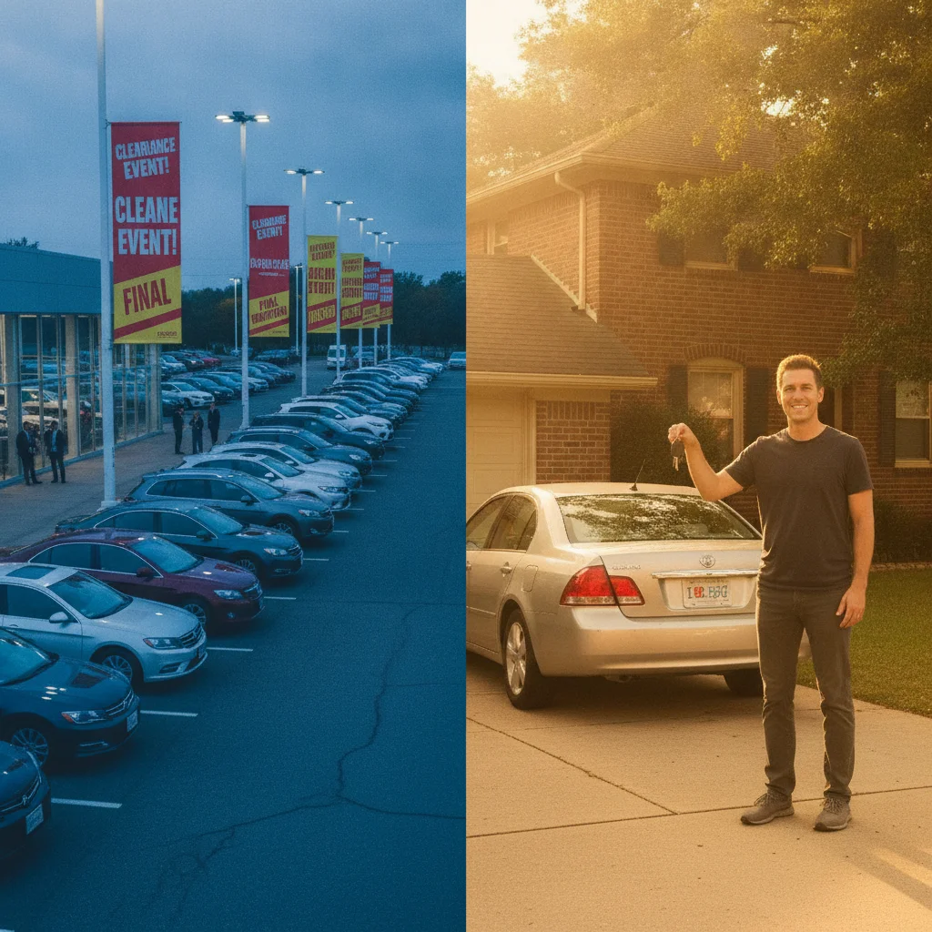 Split scene comparing a dealership clearance lot with a private car seller in a residential driveway