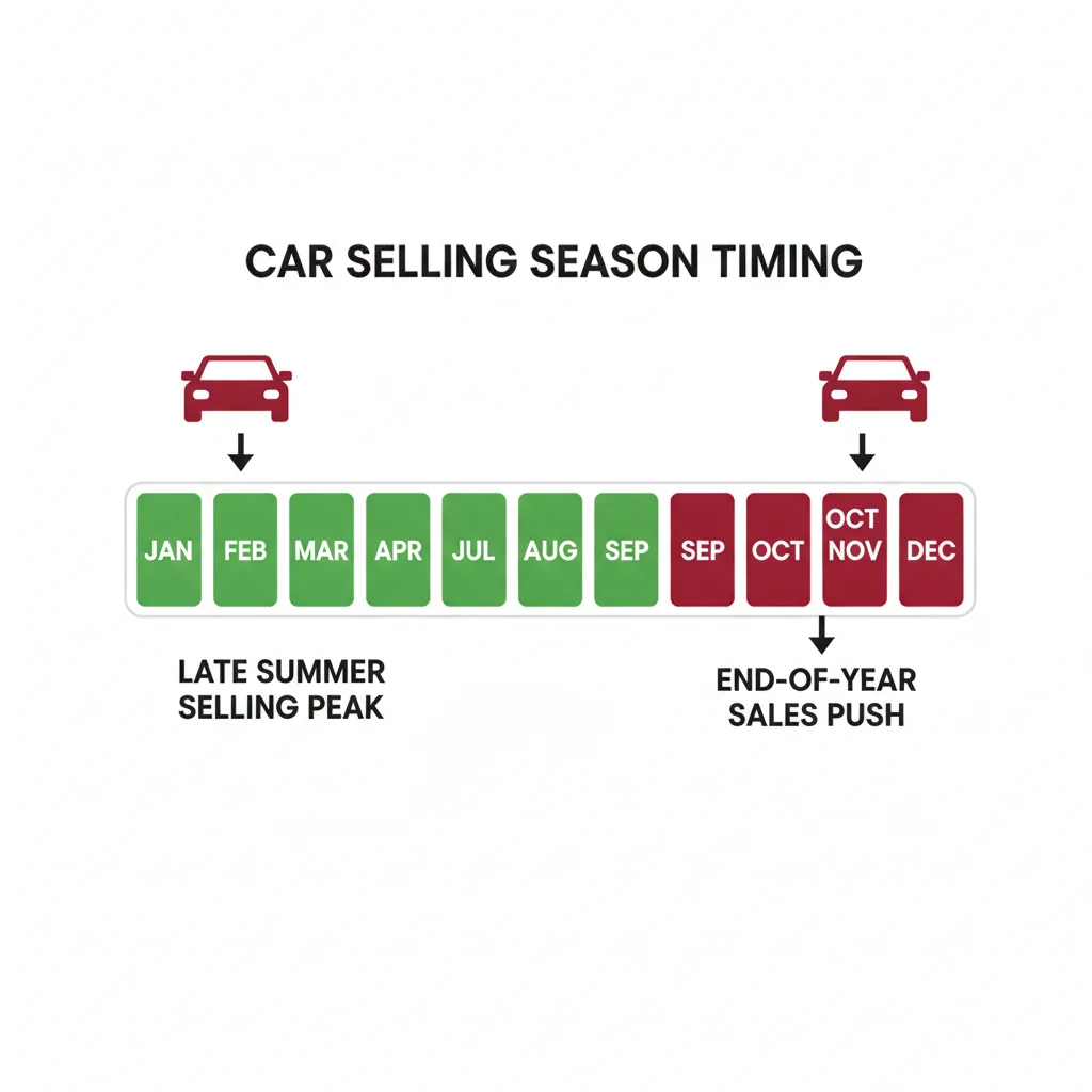 Calendar highlighting year-end months in red and summer selling windows in green for car sale timing