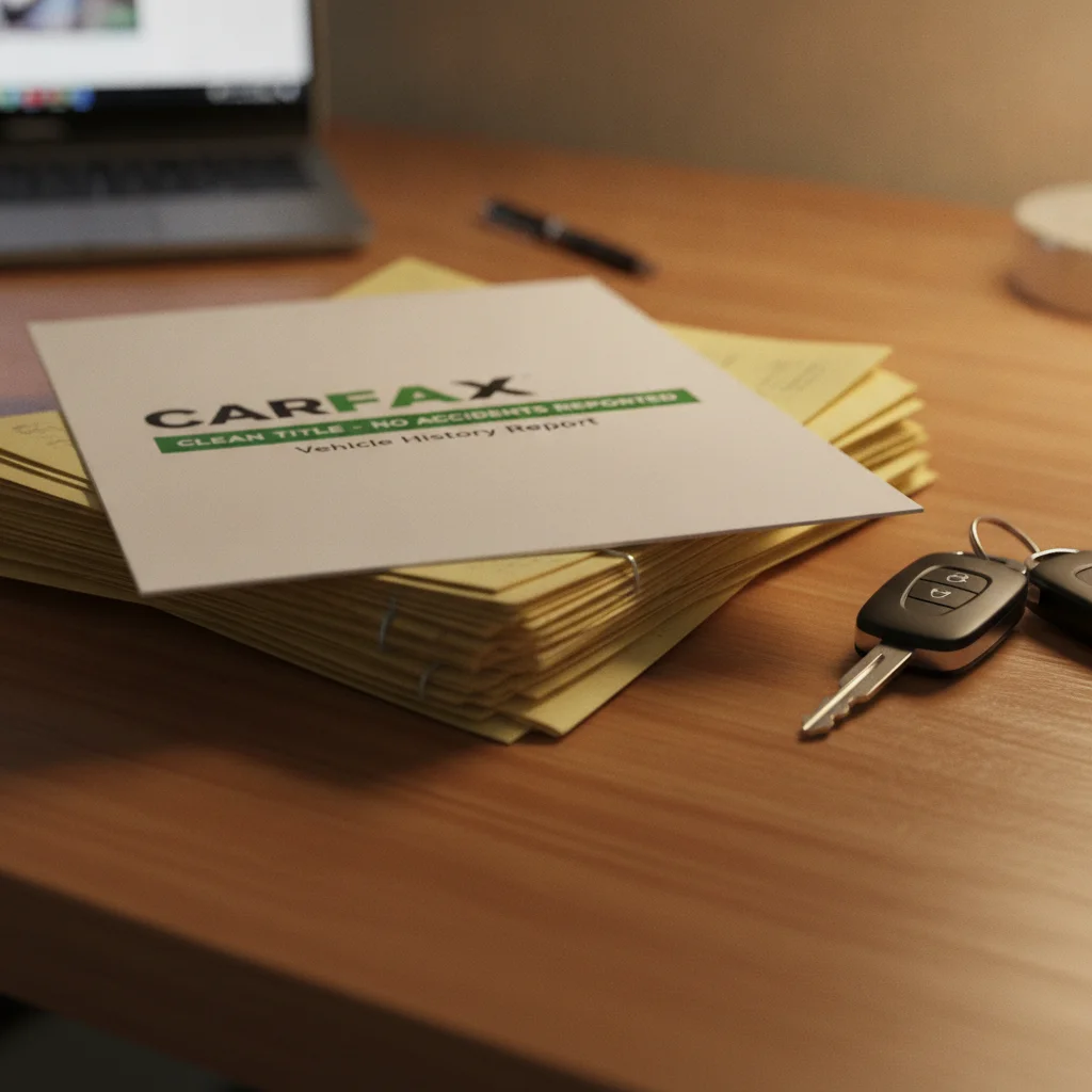 Stack of car maintenance records and Carfax report next to vehicle keys on a wooden surface