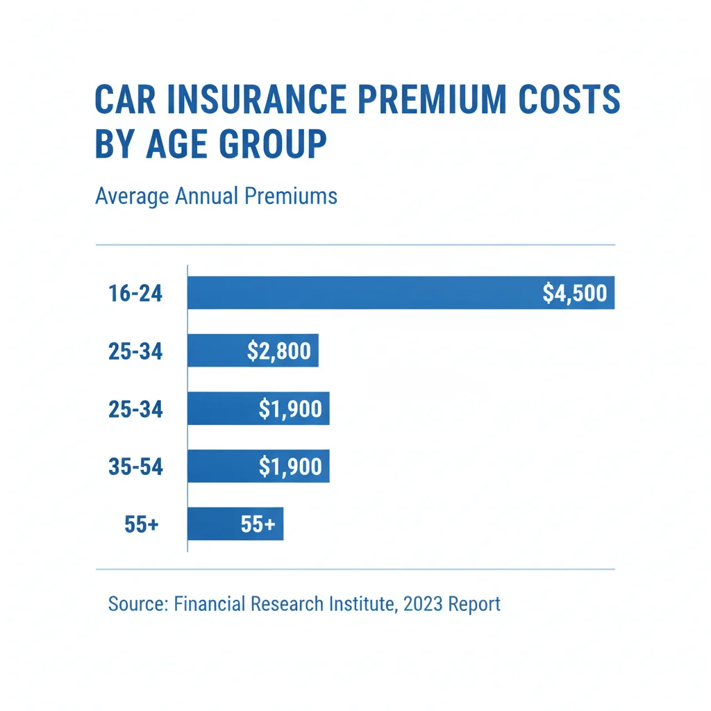 Bar chart comparing average auto insurance premiums across different age groups from 16 to 65
