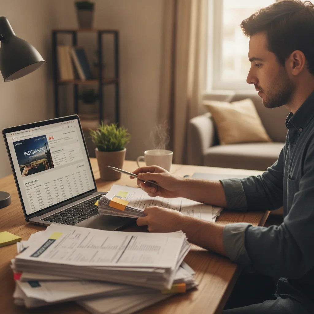 Young adult organizing insurance paperwork and comparing quotes on a laptop at a home desk