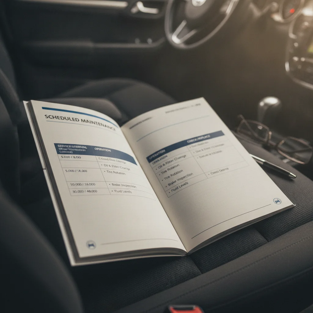 An open vehicle owner's manual showing a scheduled maintenance table with mileage intervals