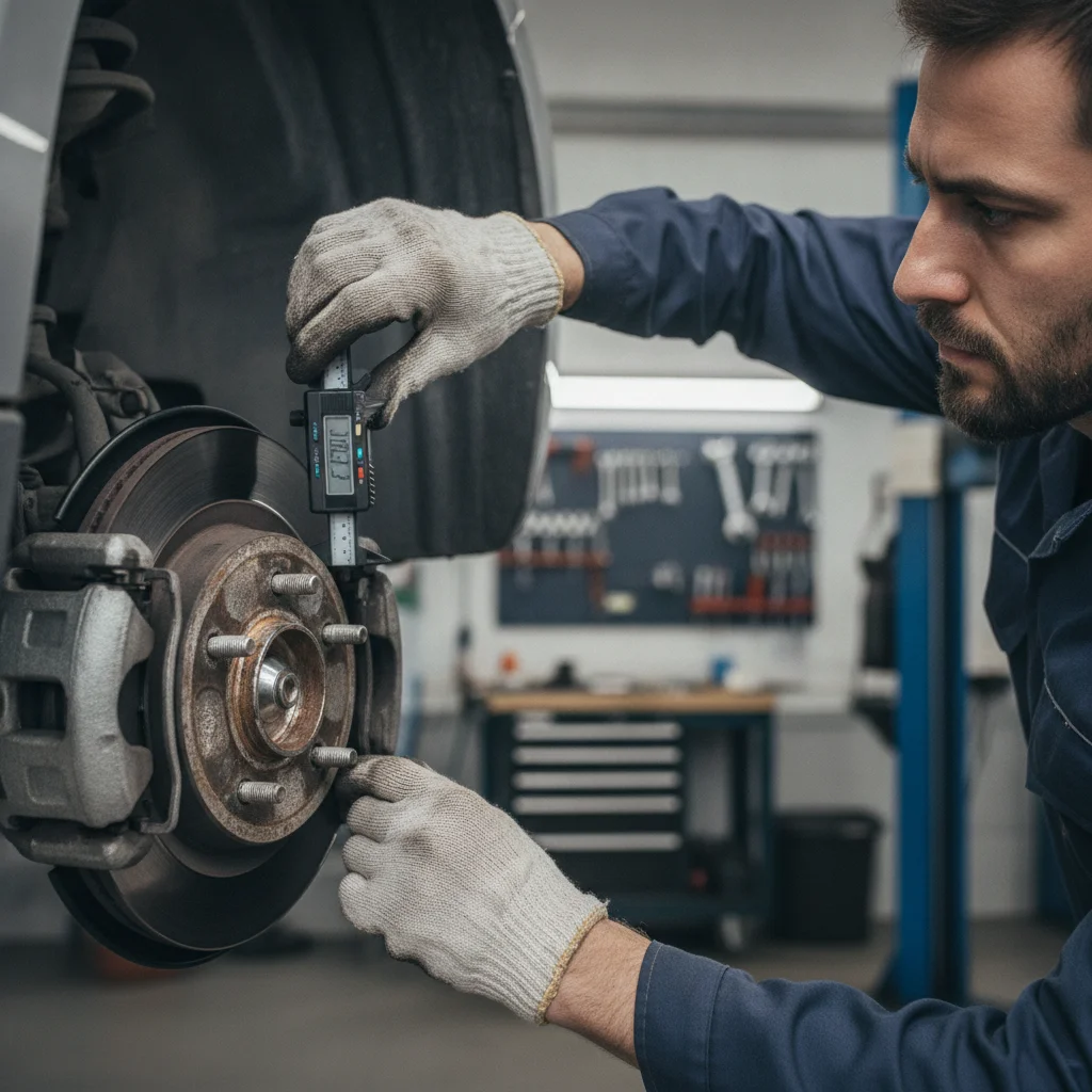 A mechanic using a caliper to measure brake pad thickness during a routine service inspection