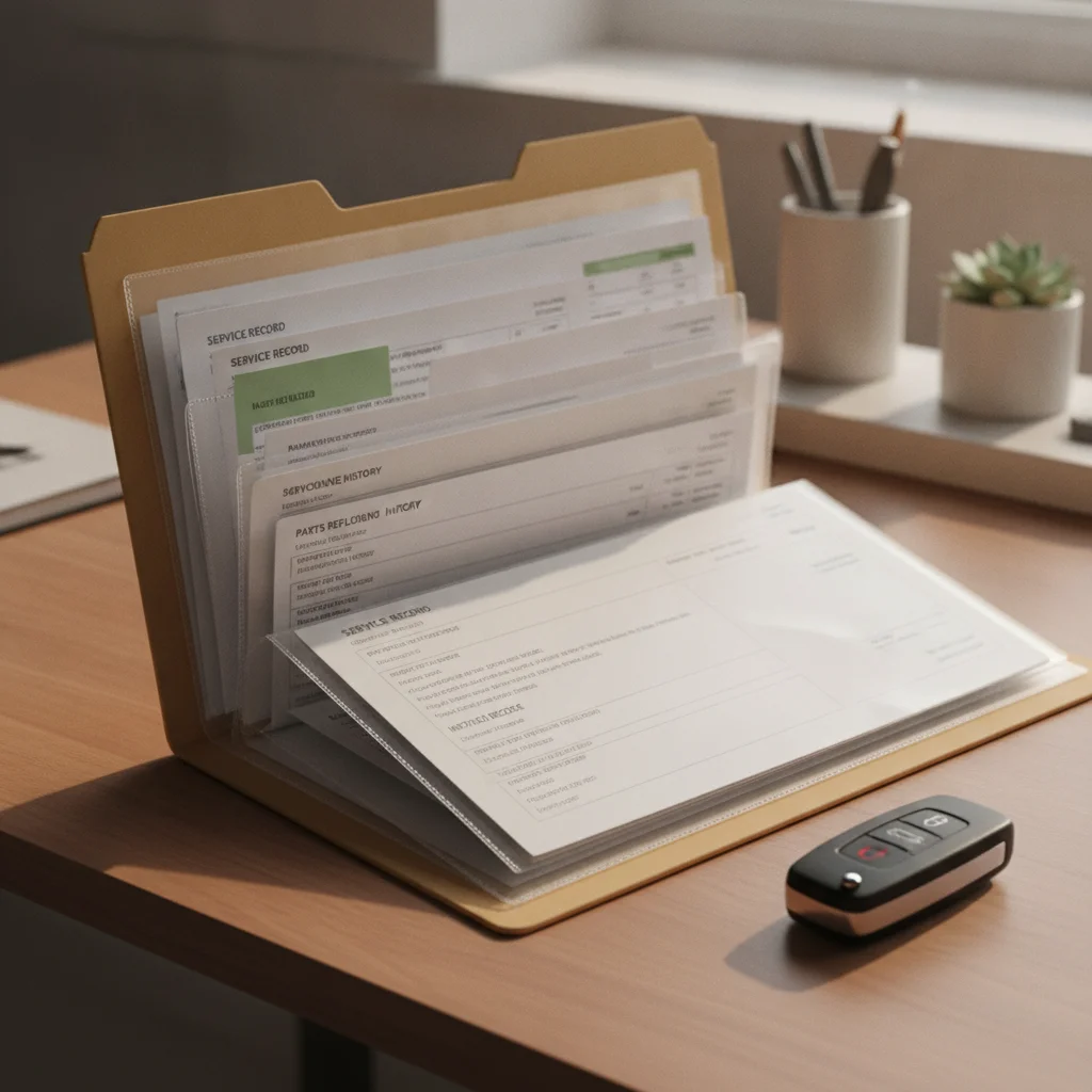 A folder of organized vehicle service records and receipts beside a car key fob on a desk