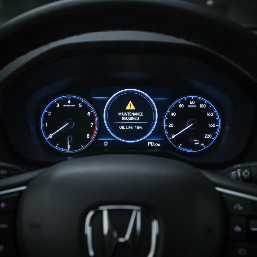 A modern car dashboard showing an oil life monitor and scheduled maintenance reminder alert