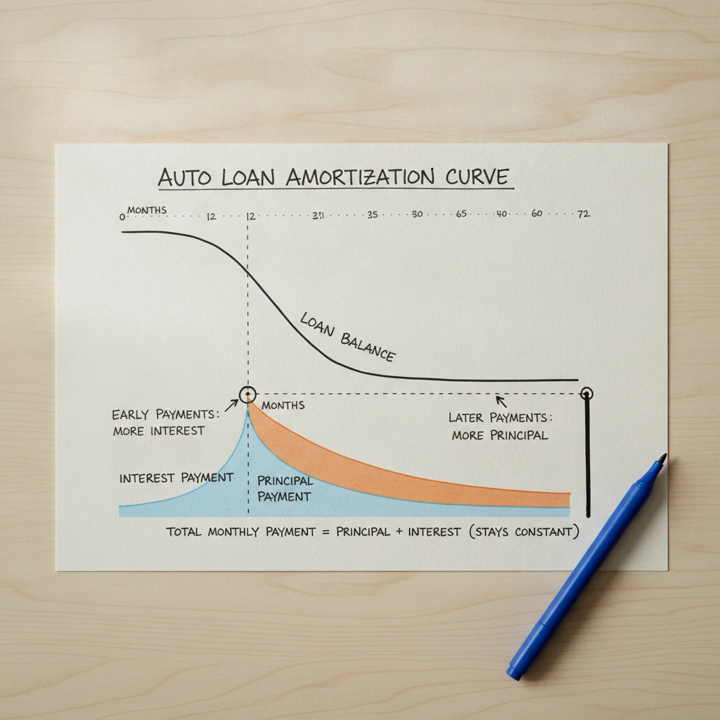 Diagram illustrating how interest payments are front-loaded in an auto loan amortization schedule
