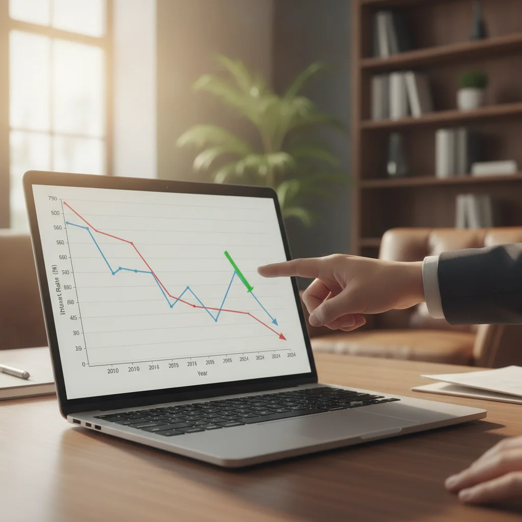 Laptop displaying an interest rate trend chart with a hand pointing to a lower rate period