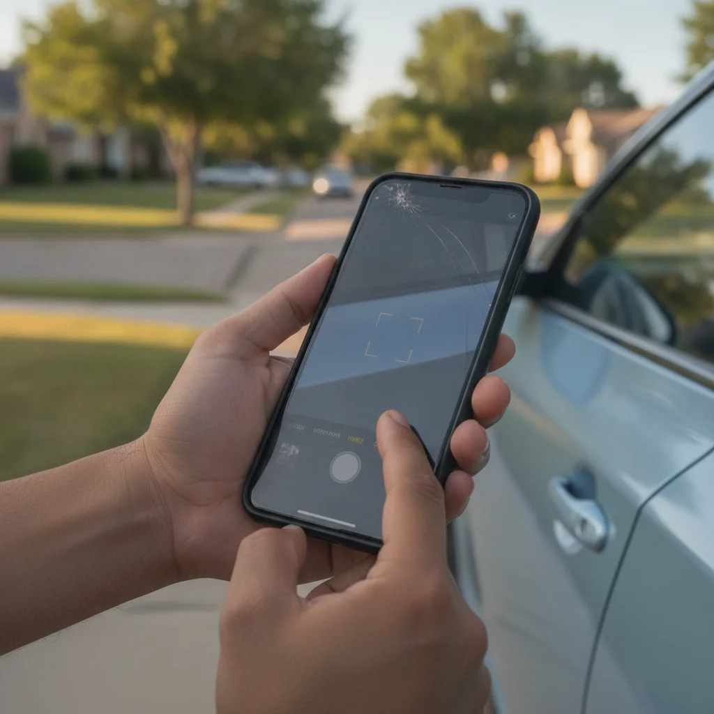 A driver using a smartphone to photograph minor dent damage on a car door after an accident