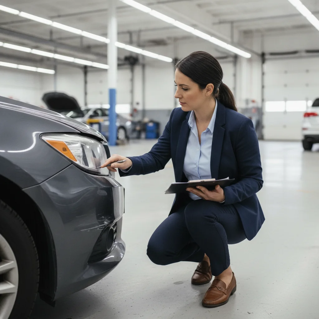 An insurance adjuster inspecting front bumper damage on a vehicle inside a repair shop