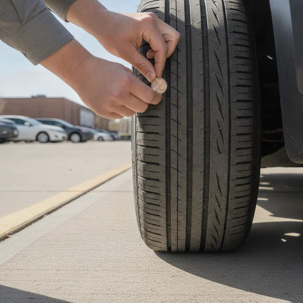 Person checking tire tread wear on a car during a pre-purchase walkthrough in a parking lot