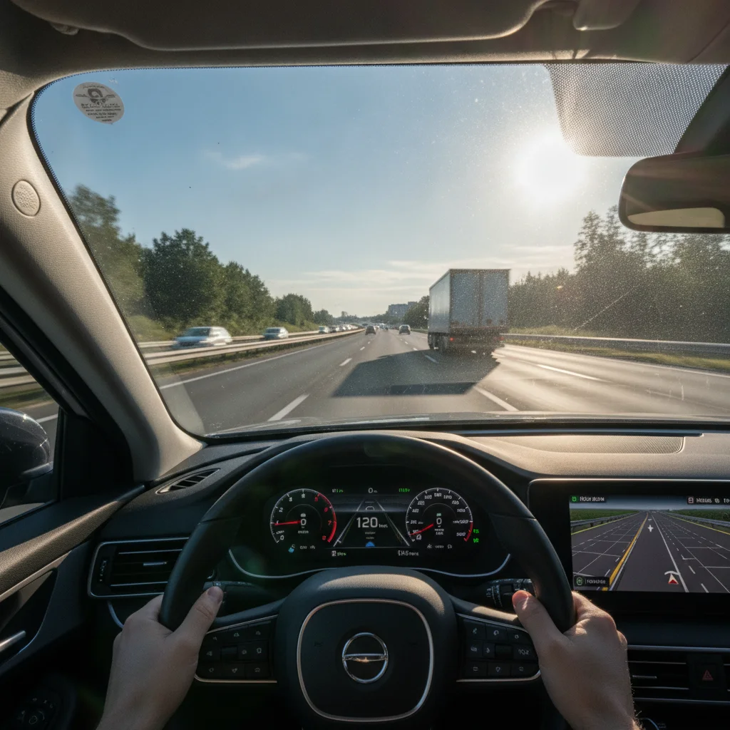 Driver's perspective inside a car merging onto a highway showing dashboard and open road