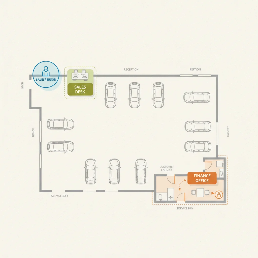 Diagram illustrating the two-stage dealership structure with separate sales floor and finance office areas
