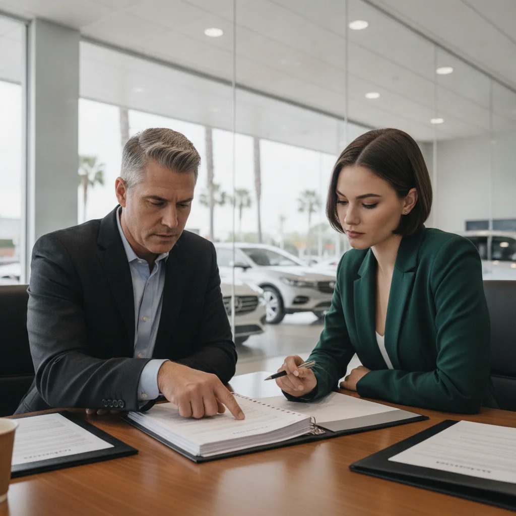 Buyer reviewing printed pricing documents with a dealership salesperson during price negotiation